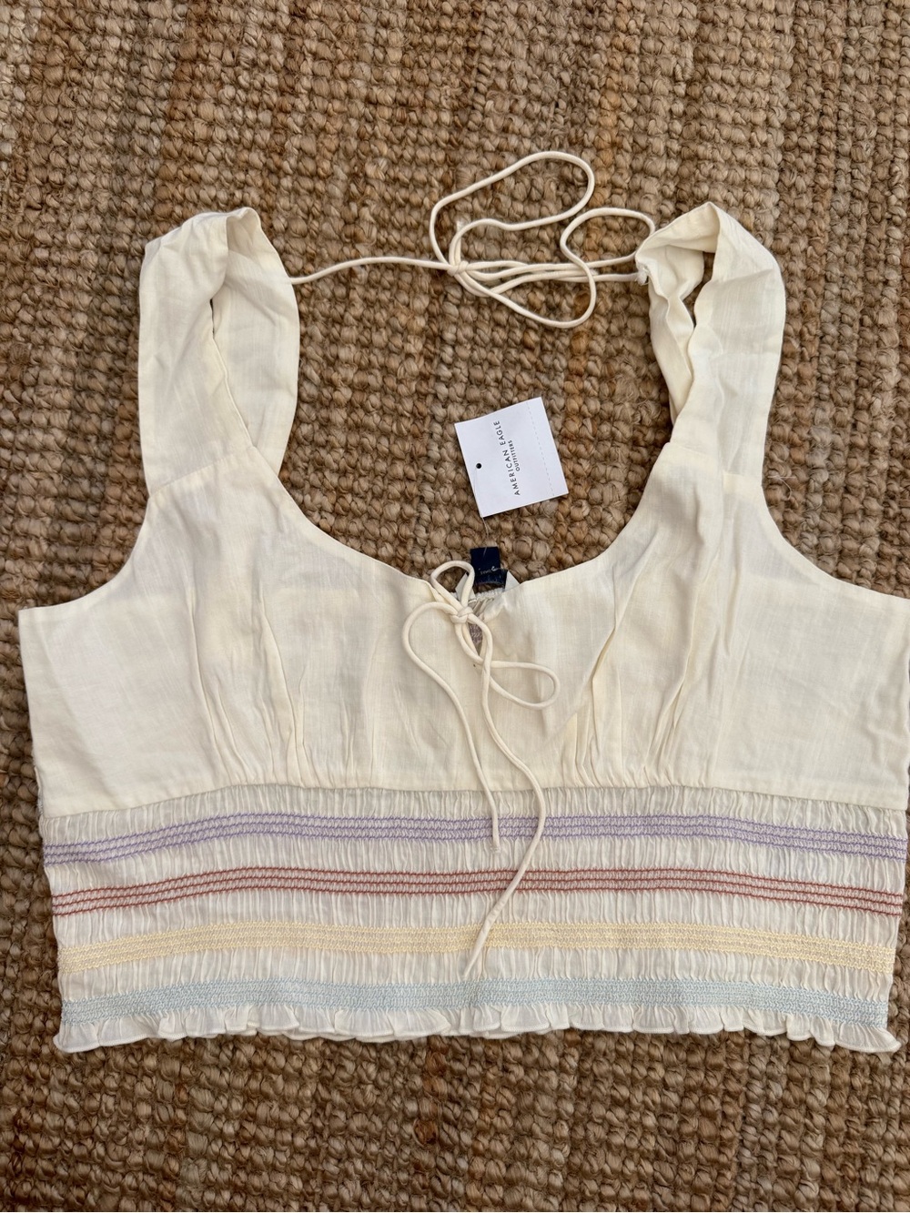American Eagle Cream Crop Top with Pastel Stripe Smocking